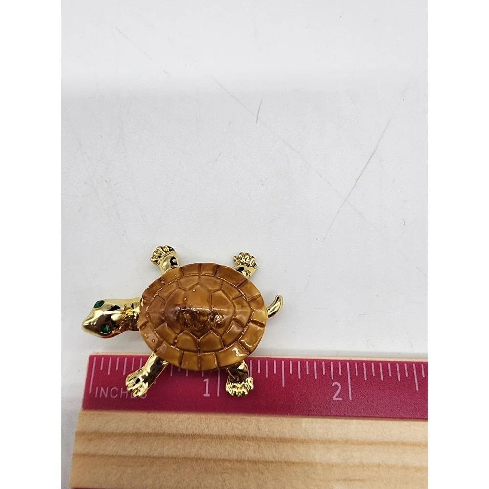 Vintage Gold Tone Brown Enamel Turtle Brooch Set Green Rhinestone Eyes 2 Piece
